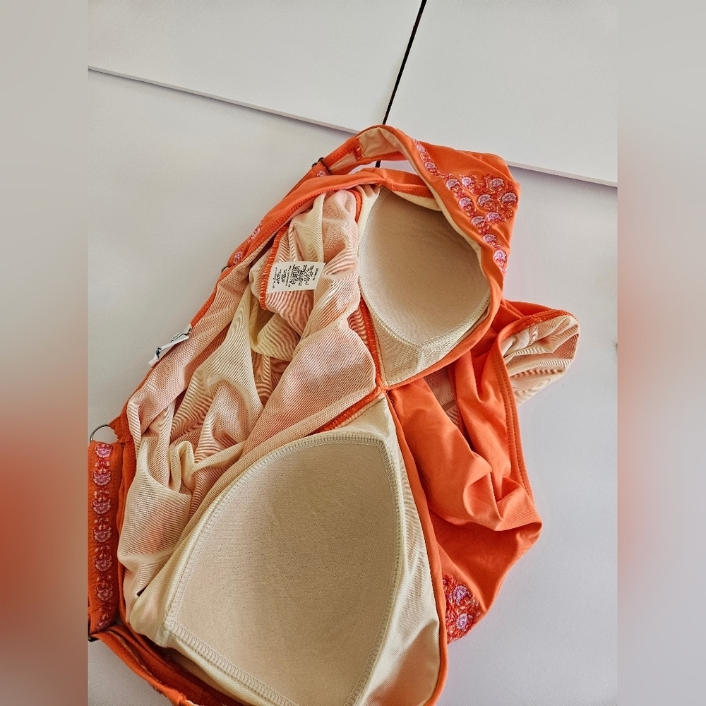 Sundance - Women's XL Orange One-Piece Swimsuit with Pink Floral Embroidery - Picture 11 of 11